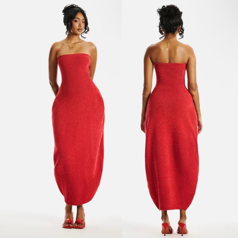NEW Hanifa Cori Red Knit Strapless Structural Cocoon Maxi Dress Size Medium - Picture 1 of 8